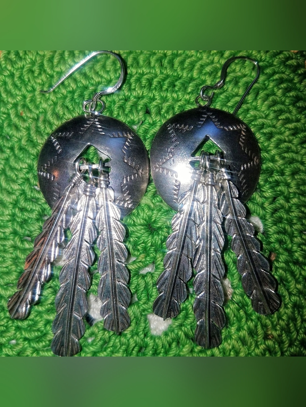 Sterling Silver 925 Stamped Native Concho Feather Tassel Drop Dangle Earrings